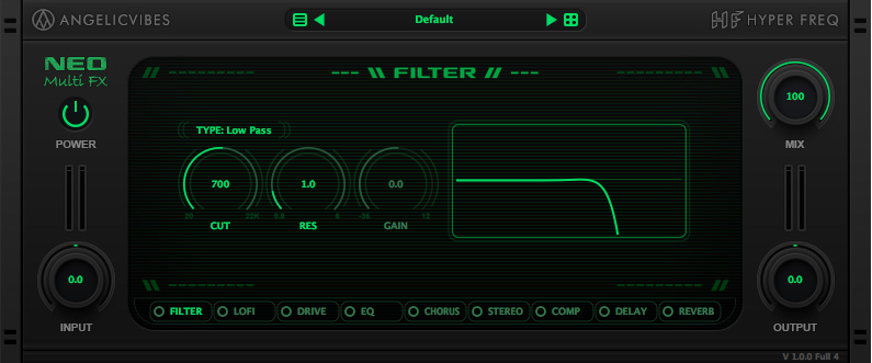 Essential filter with 7 types to choose from. Low Pass, Band Pass, High Pass, Low Shelf, High Shelf, Peak and Notch.