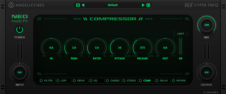 Add compression, punch and saturation. Features a push knob that can be used to control the amount of compression and a soft clipping effect.