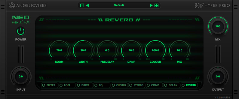 Fast and optimized reverb effect with width, damp, pre-delay and colour controls to give it more flexibility.