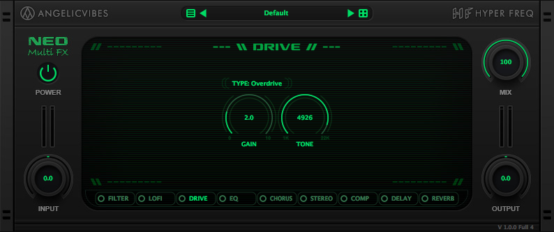 Drive effect with 4 types to choose from. Overdrive, Tube, Distortion and soft clipping.
