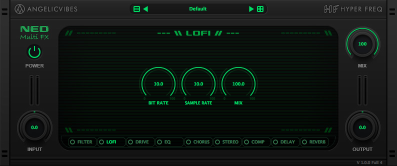 LoFi effect with bit rate and sample rate reduction effects with mix control.