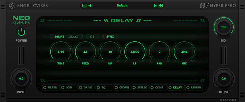Delay with 2 parallel delay units, tempo sync option and LP and HP filters.